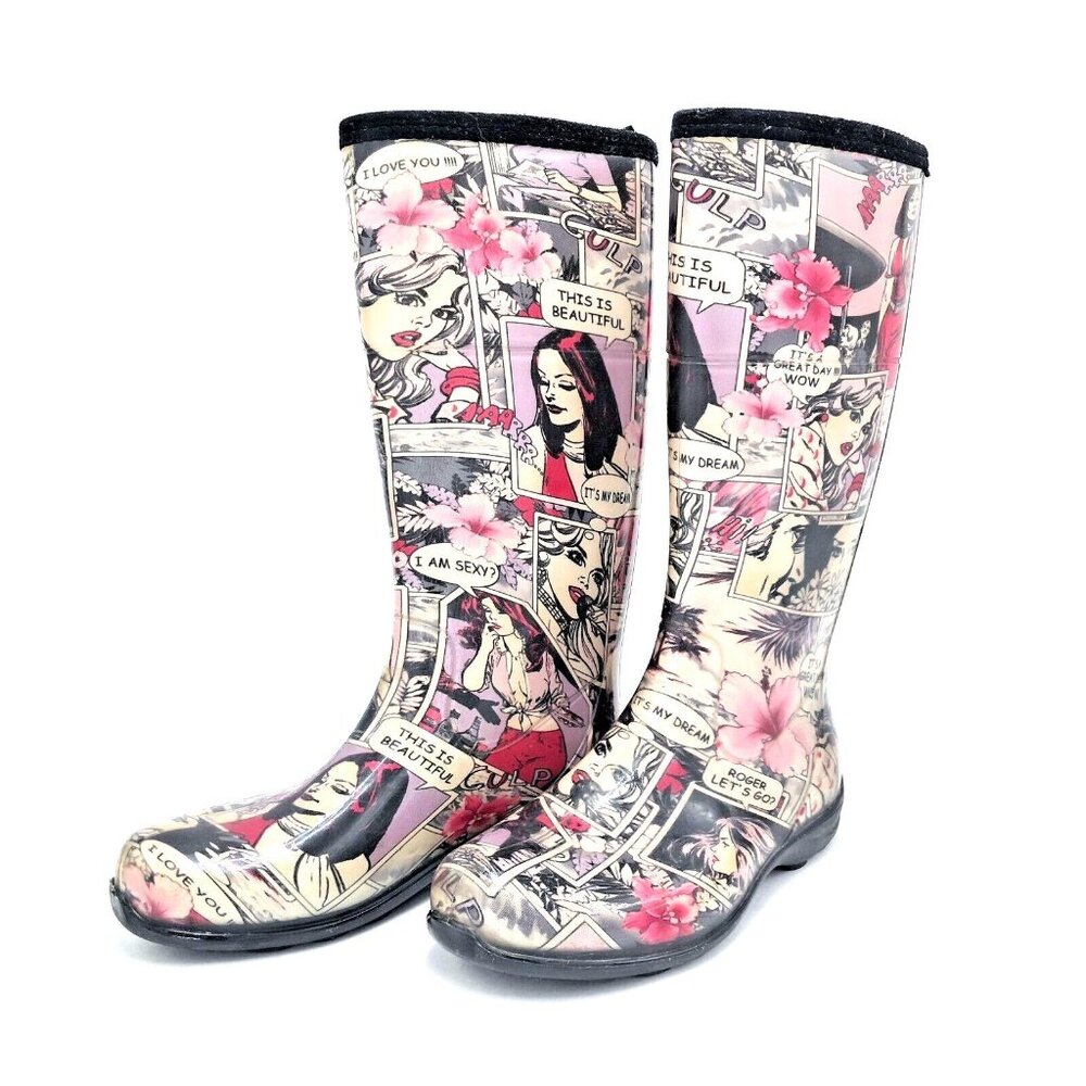 Kamik Women’s Rain Boots Comic Pop Art Print Waterproof Rubber Tall Size 10